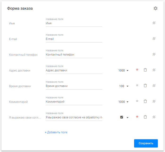 Редактирование формы заказа