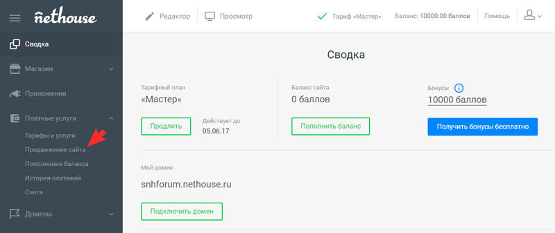 Настройки - Платные услуги - Список услуг - Продвижение сайта.