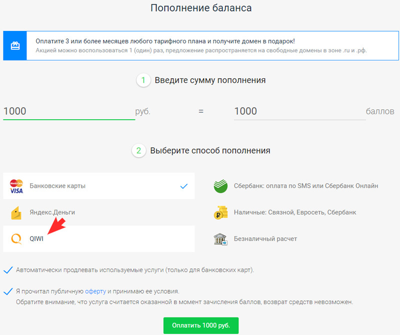Выберите QIWI в качестве способа оплаты
