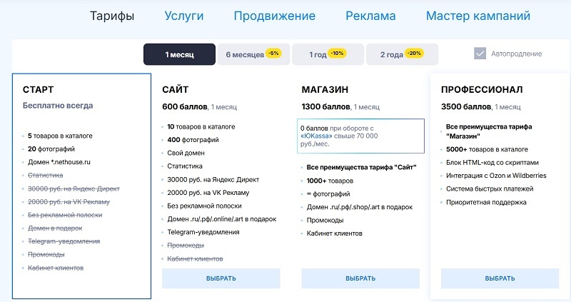 Выбор тарифов, окно со стоимостью каждого тарифа