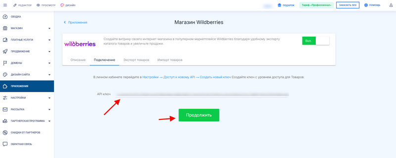 Ввод API ключа для подключения приложения WB