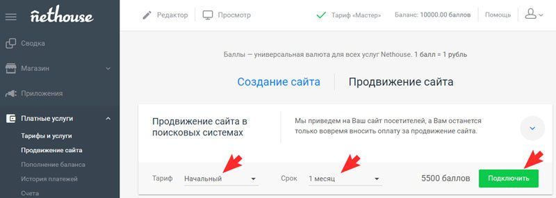 Выберите тариф и срок оплаты. Нажмите "Подключить"