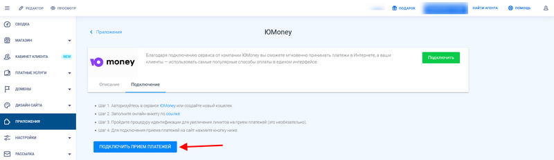 Подключение приема платежей на вкладке подключение в приложении ЮMoney
