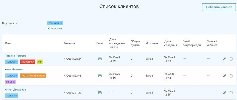 Теперь вы можете фильтровать клиентов по тегам